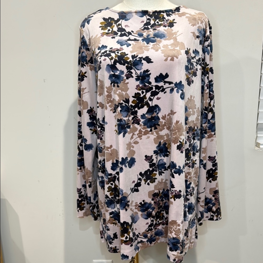 Pure.Jill Size Large Floral Velvet Tunic in Blue and Tan Long Sleeve